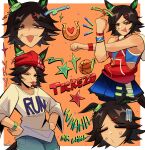  absurdres animal_ears bandaid bandaid_on_cheek bandaid_on_face black_hair brown_hair dhalsk ear_ornament hair_ornament hairclip highres hood hoodie horse_ears horse_girl horse_print horse_tail jacket low-cut_armhole parted_bangs red_hoodie shirt short_hair smile swept_bangs tail umamusume winning_ticket_(get_to_winning!)_(umamusume) winning_ticket_(umamusume) 