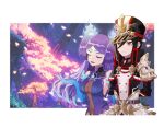  2girls blue_fire breasts brighid_(xenoblade) center_opening cheese_dakke closed_eyes curvy dress elbow_gloves fiery_hair fire gloves large_breasts long_hair morag_ladair_(xenoblade) multiple_girls purple_dress purple_hair very_long_hair xenoblade_chronicles_(series) xenoblade_chronicles_2 