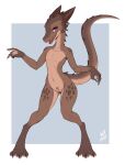  2020 absurd_res anthro brown_body brown_scales claws female flat_chested front_view full-length_portrait genitals hi_res kobold looking_at_viewer nude pink_eyes portrait pupils pussy scales scalie slit_pupils solo standing w4g4 