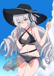  1girl absurdres bangs bare_shoulders bikini black_bikini black_headwear breasts bronya_rand bronya_zaychik cleavage closed_mouth collarbone cowboy_shot cup day drinking_glass grey_eyes grey_hair hair_between_eyes hat hat_ribbon highres holding holding_cup honkai_(series) honkai_impact_3rd long_hair looking_at_viewer navel outdoors owenramos39 ribbon sidelocks smile solo sun_hat swimsuit 