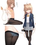  1girl ahoge animal_ears ass bandaid bandaids_on_nipples bangs blue_jacket blue_panties blush bow bowtie brown_hair brown_pantyhose closed_mouth flat_chest from_behind grey_skirt hair_between_eyes highres indie_virtual_youtuber jacket k_mugura lion_ears lion_girl lion_tail long_hair long_sleeves multiple_views nail_polish no_shoes open_clothes open_jacket panties panties_under_pantyhose pantyhose parted_lips pasties pleated_skirt rurudo_lion shirt simple_background skirt standing tail topless translation_request underwear virtual_youtuber white_background white_shirt yellow_bow yellow_bowtie yellow_eyes 