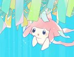  absurdres blue_background blush commentary_request hand_up happy highres jirachi leaf looking_up no_humans open_mouth paper pokemon pokemon_(creature) shiramizore_(rate1026) smile solo 