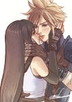  1boy 1girl armor bare_shoulders black_gloves black_hair black_sports_bra blonde_hair blue_eyes blue_sweater blush brown_gloves cloud cloud_strife cloudy_sky couple crop_top eye_contact final_fantasy final_fantasy_vii final_fantasy_vii_rebirth final_fantasy_vii_remake fingerless_gloves gloves hand_on_another&#039;s_back hand_on_another&#039;s_cheek hand_on_another&#039;s_face highres imminent_kiss kanbe_7777777 lips long_hair looking_at_another materia parted_lips red_eyes ribbed_sweater shoulder_armor signature sky sleeveless sleeveless_turtleneck spiked_hair sports_bra sweater tank_top tifa_lockhart turtleneck turtleneck_sweater upper_body white_background white_tank_top 