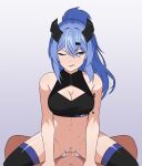  1boy 1girl absurdres anb_(anb_draws) barcode barcode_tattoo black_horns black_thighhighs blue_hair breasts cleavage cleavage_cutout clothing_cutout cropped_torso demon_horns hair_ornament hairclip highres horns large_breasts looking_to_the_side multicolored_eyes one_eye_closed original saki_(the_atko) tattoo thighhighs vaginal 