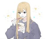  1girl blonde_hair blunt_bangs blush brown_eyes chopsticks commentary cup_ramen fingernails grey_sweater gyaru highres holding holding_chopsticks kitagawa_marin long_fingernails long_hair needbee_r open_mouth pink_nails simple_background solo sono_bisque_doll_wa_koi_wo_suru sparkle sweater upper_body white_background 