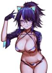  1girl absurdres ahoge animal_ears arm_behind_back bikini black_hair blue_eyes blue_hair breast_tattoo breasts bsapricot cowboy_shot fake_animal_ears glasses gloves grin highres kson large_breasts leaning_forward long_hair looking_at_viewer mole mole_under_eye multicolored_hair navel ponytail simple_background smile solo souchou streaked_hair swimsuit tattoo two-tone_bikini virtual_youtuber vshojo white_background 