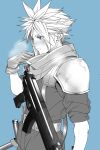  1boy adjusting_scarf armor belt blue_background blue_eyes blush breath cloud_strife crisis_core_final_fantasy_vii earrings final_fantasy final_fantasy_vii gloves gun harness jewelry ko102k1 long_sleeves machine_gun male_focus monochrome pants protected_link scarf short_hair shoulder_armor single_earring sleeves_rolled_up solo spiked_hair steam suspenders upper_body weapon younger 