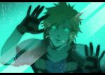  1boy against_glass air_bubble aqua_eyes armor blonde_hair blue_shirt bubble cloud_strife final_fantasy final_fantasy_vii gloves glowing glowing_eyes hair_between_eyes kyoujixxxx letterboxed looking_at_viewer male_focus open_mouth scarf shirt short_hair shoulder_armor sleeves_rolled_up solo spiked_hair suspenders test_tube underwater upper_body 
