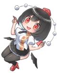 1girl bird_wings black_hair black_necktie black_skirt black_thighhighs black_wings blush breasts collared_shirt commentary_request detached_wings frilled_skirt frills full_body geta harunoha hat holding holding_notebook holding_pencil impossible_clothes impossible_shirt leaf_print loafers looking_at_viewer medium_breasts necktie notebook open_mouth pencil pom_pom_(clothes) red_eyes red_hat red_shoes shameimaru_aya shirt shoes short_hair simple_background skirt smile solo tengu-geta thighhighs tokin_hat touhou white_background white_shirt wings 