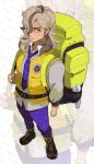  1boy arven_(pokemon) backpack bag belt ben-day_dots black_belt black_boots blue_eyes boots brown_hair buckle closed_mouth collared_shirt commentary frown full_body hair_behind_ear hair_over_one_eye highres long_hair looking_at_viewer male_focus multicolored_hair necktie one_eye_covered onigiri_(ahku5522) open_collar pants pokemon pokemon_sv purple_necktie purple_pants screentones shirt snap-fit_buckle solo standing streaked_hair symbol-only_commentary vest watermark white_shirt wing_collar yellow_vest zoom_layer 