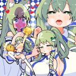  1girl alternate_hairstyle bare_shoulders breasts bright_pupils cheerleader cleavage commentary_request convenient_censoring detached_sleeves fellatio_gesture frog_hair_ornament gram_9 green_eyes green_hair hair_ornament hair_tubes heart heart-shaped_pupils highres kochiya_sanae large_breasts long_hair looking_at_viewer navel one_breast_out open_mouth panties pantyshot paw_pose penis_awe penis_shadow pom_pom_(cheerleading) ponytail shirt shoes single_hair_tube skirt snake_hair_ornament sneakers symbol-shaped_pupils thighhighs thong tongue tongue_out touhou underwear upper_body variations white_panties white_pupils white_shirt white_skirt white_thighhighs 