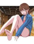  1girl :d absurdres ao_no_hako_(wsj) barefoot blue_jacket blurry blurry_background breasts brown_eyes brown_hair chono_hina foot_out_of_frame highres jacket knees_up leotard long_sleeves looking_at_viewer photo_background pink_leotard sanche_(3che3) sitting small_breasts smile solo 