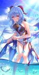 1girl ahoge bangs bare_arms bare_legs bare_shoulders bell bird blue_hair blue_sky blush bodysuit breasts day ganyu_(genshin_impact) genshin_impact goat_horns highres horns ktm large_breasts long_hair looking_at_viewer neck_bell no_gloves no_legwear ocean parted_lips purple_eyes sidelocks sky sleeveless solo sunlight tassel thighs wading waist_cape water_drop wet wet_clothes wet_hair wringing_clothes 