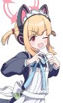  1girl ;d animal_ear_headphones animal_ears apron black_dress blonde_hair blue_archive blue_ribbon blunt_bangs blush bow cat_ear_headphones cat_ears commentary dress fake_animal_ears four-finger_heart_hands frilled_apron frills hair_bow hair_ornament halo headdress headphones heart heart_hands highres long_sidelocks long_sleeves looking_at_viewer maid maid_headdress momoi_(blue_archive) momoi_(maid)_(blue_archive) neck_ribbon nyan_(float_495) one_eye_closed open_mouth pink_halo red_bow red_eyes ribbon short_twintails sidelocks simple_background sleeve_cuffs smile solo twintails upper_body virtual_pet_(toy) white_apron white_background white_headdress 