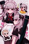  1boy 1girl apron black_dress black_jacket black_pants blonde_hair bow bowtie braid chino_11141 danganronpa_(series) danganronpa_2:_goodbye_despair dress food glasses grey_hair heart highres jacket ketchup ketchup_bottle kuzuryu_fuyuhiko long_hair maid_headdress omelet omurice pants pantyhose pekoyama_peko red_bow red_bowtie red_eyes short_hair striped_clothes striped_jacket striped_pants translation_request twin_braids twintails waist_apron white_apron white_background 