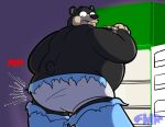accident accidental_exposure anthro appliance bear black_bear black_body black_fur black_nose blue_bottomwear blue_clothing blue_pants bottomwear briefs butt clothing dom_(foxmanad) food foxmanad fridge fur green_refrigerator holding_food holding_object holding_pizza inside kitchen kitchen_appliance male mammal monotone_briefs monotone_clothing monotone_underwear motion_lines open_refrigerator overeating overweight overweight_male pants pants_rip pizza purple_background purple_text red_text signature simple_background solo sound_effects teeth_showing text tighty_whities torn_bottomwear torn_clothing torn_pants underwear ursine white_briefs white_clothing white_underwear