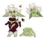 2022 ahoge big_ears breasts clothing ear_piercing ear_ring female glowyskull goblin green_body hair humanoid humanoid_pointy_ears markings multiple_poses one_eye_closed piercing pointy_ears pose pubes ring_piercing sharp_teeth short_stack solo spots spotted_body teeth tooth_necklace white_hair wink