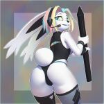  1:1 2021 absurd_res anthro biped bottomwear butt clothed clothing female hair headphones hi_res holding_object lagomorph leporid long_ears mammal multicolored_hair pix_(piczel) rabbit rear_view tablet_pen topwear w4g4 