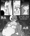  2017 abdominal_bulge anthro bandage belly big_belly big_breasts bloated bottomwear breasts brother brother_and_sister chair chicken_meat chicken_sandwich clothing comic dragon duo eating english_text female food furniture hand_on_stomach hi_res horn if_hell_had_a_taste male mars_fidchell meat monochrome musclegut muscular muscular_anthro muscular_female navel non-mammal_breasts open_mouth rumbling_stomach sandwich_(food) scales sibling sister sitting skylar_fidchell stuffing tattoo text topwear viroveteruscy wounded 