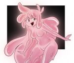 2022 breasts digital_drawing_(artwork) digital_media_(artwork) dripping eye_through_hair eyelashes featureless_breasts featureless_crotch female glowyskull goo_creature hair humanoid long_hair nikki_(glowyskull) pink_body purple_eyes smile solo thick_eyelashes translucent translucent_hair