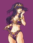  1girl baldur&#039;s_gate baldur&#039;s_gate_3 bikini bikini_pull black_hair bracelet breasts circlet cleavage clothes_pull cosplay cowboy_shot dungeons_&amp;_dragons fire_emblem fire_emblem_awakening glaceo highleg highleg_bikini jewelry large_breasts long_hair pixel_art pulling_own_clothes purple_background purple_bikini shadowheart_(baldur&#039;s_gate) shadowheart_(baldur&#039;s_gate)_(cosplay) simple_background solo swimsuit tharja_(fire_emblem) tiara 