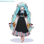  1girl absurdres alternate_costume aqua_eyes aqua_hair artist_name barefoot black_dress blush bow braid closed_mouth commentary dress english_commentary feet flower full_body hair_between_eyes hair_bow hatsune_miku highres holding holding_shoes holding_unworn_clothes long_dress long_hair looking_at_viewer multicolored_dress nail_polish orange_flower orange_nails orange_tulip patreon_logo scrimblocrimbo shadow shoes short_sleeves simple_background smile solo toenail_polish toenails toes tulip twin_braids unworn_shoes very_long_hair vocaloid white_background 