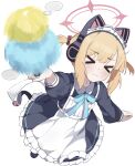  &gt;_&lt; 1girl animal_ear_headphones animal_ears anniu_(user_vemd7787) apron arm_up black_dress blue_archive blunt_bangs bow cat_ear_headphones cat_ears cat_tail cleaning closed_mouth commentary dress duster facing_viewer fake_animal_ears fake_tail frilled_apron frilled_dress frills from_above frown full_body hair_bow halo headphones highres holding holding_duster long_sleeves maid maid_headdress medium_hair momoi_(blue_archive) momoi_(maid)_(blue_archive) official_alternate_costume official_alternate_hairstyle pink_halo puffy_long_sleeves puffy_sleeves red_bow short_twintails simple_background solo split_mouth standing tail twintails v-shaped_eyebrows white_apron white_background 