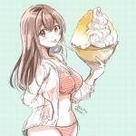  1girl akagi_(kancolle) alternate_costume artist_name bikini bowl breasts brown_eyes brown_hair commentary_request cowboy_shot dated food hood hooded_jacket hoodie ice_cream jacket kantai_collection kirisawa_juuzou large_breasts long_hair looking_at_viewer mouth_hold shaved_ice solo spoon striped striped_bikini swimsuit white_jacket 