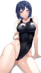  1girl absurdres adjusting_clothes adjusting_swimsuit black_swimsuit blue_hair competition_swimsuit cowboy_shot highleg highleg_swimsuit highres kairi_(miry666) looking_at_viewer one-piece_swimsuit original purple_eyes short_hair simple_background sitting solo swimsuit white_background 