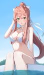  1girl :d absurdres aftamc bangs bare_arms bare_shoulders bikini blue_sky blush bow breasts cleavage collarbone commission day doki_doki_literature_club green_eyes grin hair_bow hand_in_own_hair hand_up high_ponytail highres large_breasts looking_at_viewer monika_(doki_doki_literature_club) outdoors parted_lips ponytail side-tie_bikini sidelocks sitting skeb_commission sky smile soaking_feet solo swimsuit water white_bikini white_bow 