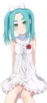  1girl absurdres aqua_hair blush bow dress flower green_eyes hair_bow highres long_hair looking_at_viewer monogatari_(series) na-suke ononoki_yotsugi open_mouth red_flower short_eyebrows sleeveless sleeveless_dress solo thick_eyebrows twintails white_bow white_dress 