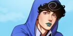  1boy afro black_hair blue_hoodie blue_sky collared_shirt curly_hair english_commentary gentleslowdance green_lips grey_shirt hood hood_up hoodie jojo_no_kimyou_na_bouken jojolion looking_at_viewer male_focus official_alternate_costume purple_eyes shirt sky solo tooru_(jojolion) 