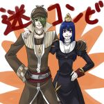  1boy 1girl animal_on_head atail_ream baby_animal bird bird_on_head black_dress blue_hair brown_coat brown_gloves brown_thighhighs chick closed_mouth coat commentary_request cowboy_shot cross cross_necklace deerstalker dress gloves green_eyes green_hair grin hair_over_one_eye hand_on_another&#039;s_shoulder hat jewelry juliet_sleeves long_hair long_sleeves looking_at_viewer necklace on_head priest_(ragnarok_online) puffy_sleeves purple_eyes ragnarok_online short_hair smile thighhighs toriria translation_request white_background 