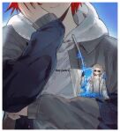  2boys :o aotsuki_eito black_gloves black_jacket blue_background border chinese_commentary commentary_request drawstring eyes_out_of_frame gloves grey_hair grey_jacket head_out_of_frame head_rest highres hood hoodie jacket jacket_over_hoodie leaning_out_of_window male_focus mini_person miniboy multicolored_jacket multiple_boys open_clothes open_jacket red_hair shirt short_hair smile sumino_takumi sunglasses syuu_1125 the_hundred_line_-last_defense_academy- two-tone_jacket white_border white_hoodie white_jacket white_shirt 