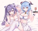  2girls absurdres ana_(vvvvor) bangs bell blue_hair blush bow breasts cleavage cone_hair_bun double_bun food ganyu_(genshin_impact) genshin_impact hair_bun highres horns keqing_(genshin_impact) large_breasts long_hair looking_at_viewer maid_headdress medium_breasts multiple_girls navel neck_bell open_mouth pointing pointing_at_viewer purple_eyes purple_hair sidelocks sitting smile sweet sweets thighhighs tray white_thighhighs 