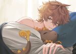  1boy absurdres bare_shoulders blue_eyes genshin_impact grey_sweater highres light_smile messy_hair one_eye_closed orange_hair pillow solo solo_focus stuffed_animal stuffed_toy sweater tartaglia_(genshin_impact) yugonm222 