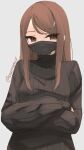  1girl bangs black_sweater brown_eyes brown_hair crossed_arms grey_background hair_ornament hairclip long_hair long_sleeves looking_at_viewer mask mouth_mask original ribbed_sweater simple_background skeptycally solo sweater swept_bangs turtleneck turtleneck_sweater twitter_username upper_body 