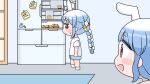  2girls :d animal_ears blue_hair blue_shorts blush_stickers bow braid carrot_hair_ornament chibi closed_mouth ears_down food-themed_hair_ornament hair_bow hair_ornament highres hololive indoors long_hair mochimiko mother_and_daughter multicolored_hair multiple_girls pekomama profile rabbit_ears red_eyes refrigerator shirt short_eyebrows short_sleeves shorts small_sweatdrop smile socks sweat thick_eyebrows twin_braids twintails two-tone_hair usada_pekora very_long_hair virtual_youtuber white_bow white_hair white_shirt white_socks 
