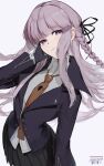  1girl absurdres black_gloves black_ribbon braid breasts closed_mouth collared_jacket collared_shirt danganronpa_(series) gloves hair_ornament hair_ribbon hand_on_own_face highres jacket kajuu kirigiri_kyoko light_smile long_hair long_sleeves looking_at_viewer necktie open_clothes open_jacket purple_eyes purple_hair ribbon shirt short_hair side_braid single_braid skirt small_breasts smile solo white_background white_shirt zipper 