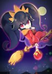  1girl ashley_(warioware) bangs big_hair black_hair broom broom_riding dress full_moon highres holding holding_staff index_finger_raised long_hair looking_at_viewer moon night red_dress red_eyes red_footwear rindoriko solo staff twintails warioware 