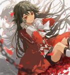  2girls alice_(pandora_hearts) black_hair black_skirt blurry boots bow bowtie braid chain coat depth_of_field gloves highres knee_boots long_hair miniskirt multiple_girls pandora_hearts petals red_coat red_eyes red_petals rose_petals side_braid simple_background skirt white_background white_bow white_bowtie white_gloves will_of_the_abyss yoruirooo777 