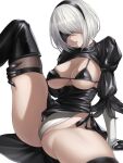  1girl black_blindfold black_dress black_hairband blindfold breasts cameltoe cleavage dress gloves hairband highres large_breasts leotard mole mole_under_mouth nier_(series) nier_automata nyatokanyaru short_hair solo thighhighs thighs white_background white_hair yorha_no._2_type_b 