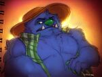  2022 anthro artist_name biceps blue_body blue_fur bugsnax clothed clothing eyebrows fur green_nose grumpus hat headgear headwear kokytea male muscular muscular_anthro muscular_male open_clothing open_shirt open_topwear pecs shirt solo topwear traditional_media_(artwork) wambus_troubleham young_horses 