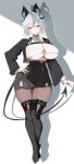  1girl absurdres alternate_costume black_boots black_horns black_jacket black_skirt boots breasts brown_pantyhose chest_harness closed_mouth collared_shirt crop_top cropped_jacket crossed_bangs curled_horns demon_tail drop_shadow full_body hair_between_eyes hand_on_own_hip harness highres horns jacket jianjia_(pixiv65586691) large_breasts long_hair long_sleeves looking_at_viewer open_clothes open_jacket pantyhose red_eyes shadow shirt sidelocks simple_background skindentation skirt smile solo standing standing_on_one_leg tail thigh_boots underboob white_background white_shirt wuthering_waves zani_(wuthering_waves) 