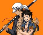  2boys black_eyes black_hair chest_tattoo closed_mouth commentary_request crossed_arms facial_hair floral_print goatee hat hat_on_back hawaiian_shirt holding holding_sword holding_weapon kdash long_sideburns male_focus monkey_d._luffy multiple_boys one_piece orange_background over_shoulder pectorals scar scar_on_face shirt short_hair sideburns straw_hat sunflower_print sword sword_over_shoulder tattoo trafalgar_law weapon weapon_over_shoulder white_hat 