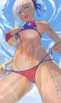  1girl absurdres american_flag_bikini bangs bare_shoulders bikini blue_eyes blue_sky blush breasts bun_cover cleavage fate/grand_order fate_(series) flag_print hair_bun hair_ribbon highres large_breasts long_hair looking_at_viewer miyamoto_musashi_(fate) miyamoto_musashi_(swimsuit_berserker)_(fate) miyamoto_musashi_(swimsuit_berserker)_(second_ascension)_(fate) navel nyahpa20 open_mouth pink_hair ribbon single_side_bun sky smile solo swept_bangs swimsuit tan tanlines wet 