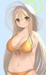  1girl arms_behind_back bikini blonde_hair blue_archive blue_background blush breasts cleavage closed_mouth front-tie_bikini front-tie_top green_eyes hat large_breasts long_hair looking_at_viewer navel nonomi_(blue_archive) nonomi_(swimsuit)_(blue_archive) side-tie_bikini simple_background skeptycally smile solo stomach sun_hat swimsuit upper_body very_long_hair white_headwear yellow_bikini 