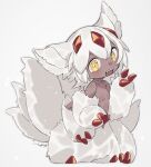  1girl animal_ears body_fur breasts bright_pupils collarbone commentary dark-skinned_female dark_skin english_commentary extra_arms fang faputa fluffy grey_fur grey_hair happy hige_(693273545) looking_at_viewer made_in_abyss mixed-language_commentary multiple_tails open_mouth short_hair sidelocks small_breasts smile solo tail teeth white_pupils yellow_eyes 