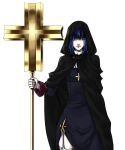  1girl black_cloak black_dress blue_hair cloak closed_mouth commentary_request cowboy_shot crosier cross cross_necklace dress expressionless garter_straps highres holding holding_staff hood hood_up hooded_cloak jewelry long_hair long_sleeves looking_at_viewer necklace priest_(ragnarok_online) purple_eyes ragnarok_online simple_background solo staff toriria white_background 