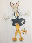  1girl animal_ears antenna_hair black_dress black_shoes blonde_hair bow brown_eyes collared_shirt commentary_request crossed_legs dress fake_animal_ears fake_tail flipped_hair full_body gloves highres juliet_sleeves long_sleeves mouse_ears mouse_tail necktie open_mouth orange_bow orange_necktie orange_pantyhose original pantyhose peter_salt puffy_sleeves shirt shoes short_dress short_hair smile solo standing tail tail_bow tail_ornament teeth traditional_media underbust upper_teeth_only watson_cross white_background white_gloves white_shirt 